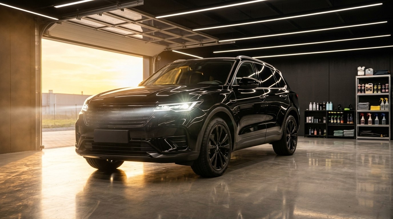 Sauberer SUV im Studio, Garagentor offen, Abendsonne
