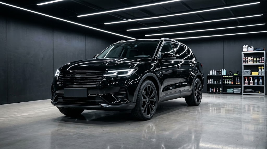 Sauberer schwarzer SUV im Aufbereitungsstudio