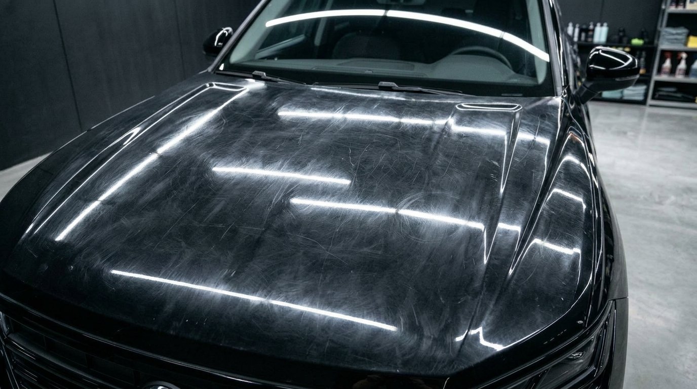 Motorhaube mit Swirls wird poliert und glänzt danach wie ein Spiegel