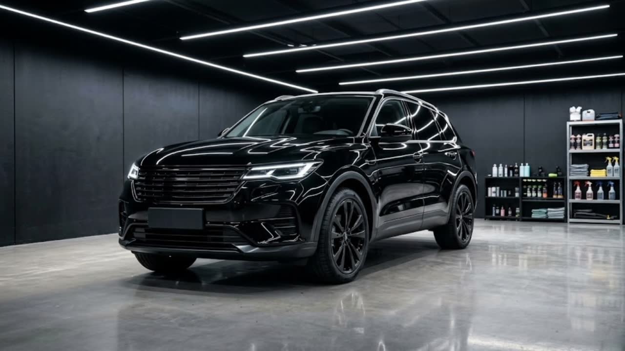 Kamera fährt auf den glänzenden SUV zu