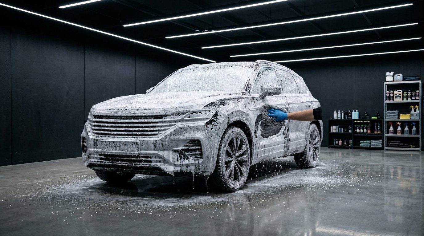 Schwarzer SUV mit Schaum, Handwäsche mit Waschhandschuh